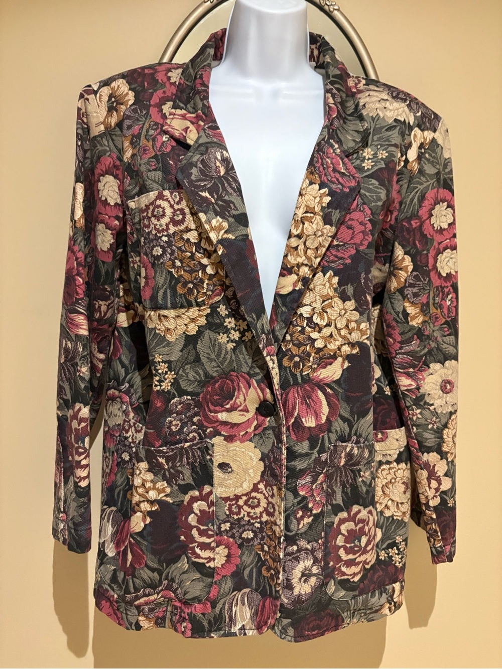 Vintage Gotcha Covered Floral Blazer Jacket Burgundy Green Tan Cotton USA XL